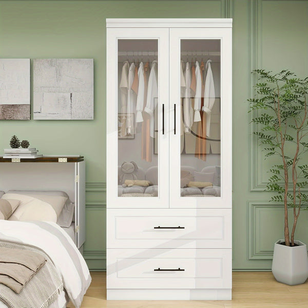 Modern White Wooden Wardrobe with 2 Drawers & Hanging Rods – Freestanding Bedroom Armoire Closet for Storage and Organization, Includes Transparent Doors and Side Pockets, Portable Closet