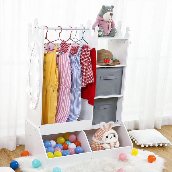 ' White Dress Up Storage Cabinet with Lighted Mirror & Clothing Rack - Pink & Golden-Toned Wardrobe Organizer, Play Armoire with Shelves\u002FBins, Birthday\u002FChristmas Gift Room Decor (Easy Assembly)