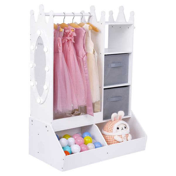 ' White Dress Up Storage Cabinet with Lighted Mirror & Clothing Rack - Pink & Golden-Toned Wardrobe Organizer, Play Armoire with Shelves\u002FBins, Birthday\u002FChristmas Gift Room Decor (Easy Assembly)