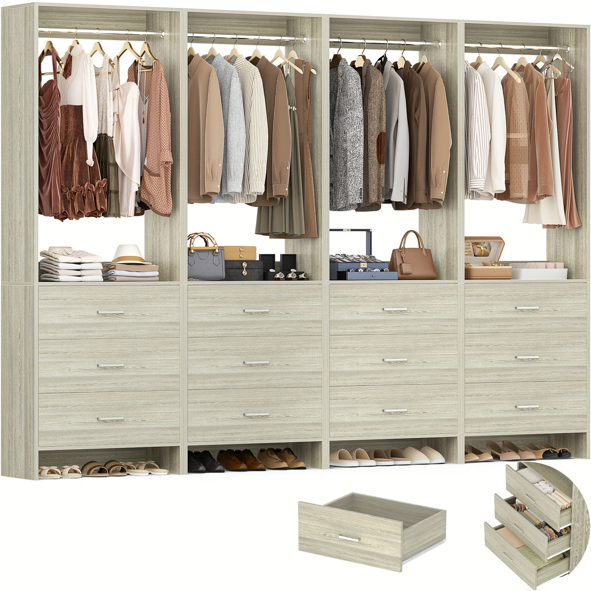 Aheaplus Closet System WithDrawers, Closet Organizer, Wood Closet Organizer System, Walk-in Closet Or Small Closets Wardrobe, Clothes Rack With Hanging Rods