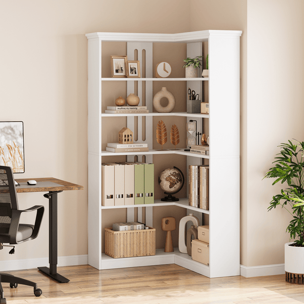 L Shaped Corner Bookshelf 5 Tier Large Wood Display Bookshelf 90° Corner Standing Bookcase