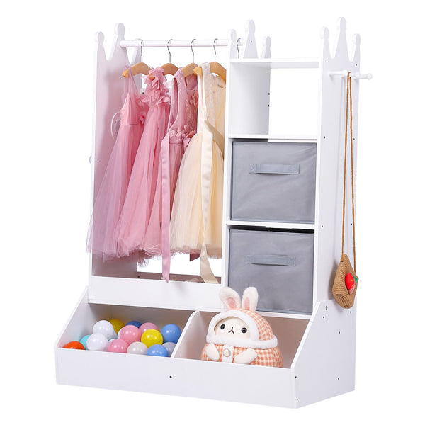 ' White Dress Up Storage Cabinet with Lighted Mirror & Clothing Rack - Pink & Golden-Toned Wardrobe Organizer, Play Armoire with Shelves\u002FBins, Birthday\u002FChristmas Gift Room Decor (Easy Assembly)