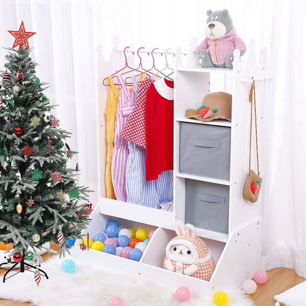' White Dress Up Storage Cabinet with Lighted Mirror & Clothing Rack - Pink & Golden-Toned Wardrobe Organizer, Play Armoire with Shelves\u002FBins, Birthday\u002FChristmas Gift Room Decor (Easy Assembly)