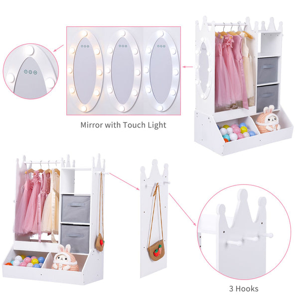 ' White Dress Up Storage Cabinet with Lighted Mirror & Clothing Rack - Pink & Golden-Toned Wardrobe Organizer, Play Armoire with Shelves\u002FBins, Birthday\u002FChristmas Gift Room Decor (Easy Assembly)