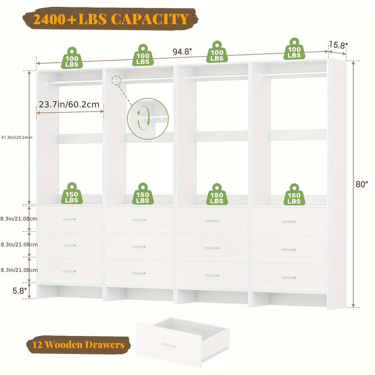 Aheaplus Closet System WithDrawers, Closet Organizer, Wood Closet Organizer System, Walk-in Closet Or Small Closets Wardrobe, Clothes Rack With Hanging Rods