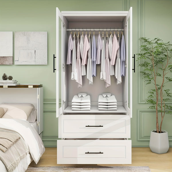 Modern White Wooden Wardrobe with 2 Drawers & Hanging Rods – Freestanding Bedroom Armoire Closet for Storage and Organization, Includes Transparent Doors and Side Pockets, Portable Closet