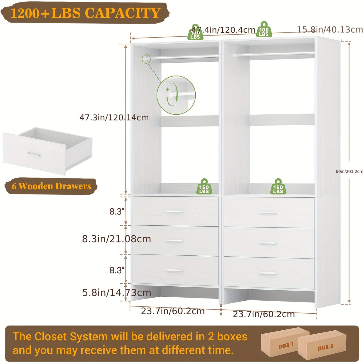 Aheaplus Closet System WithDrawers, Closet Organizer, Wood Closet Organizer System, Walk-in Closet Or Small Closets Wardrobe, Clothes Rack With Hanging Rods