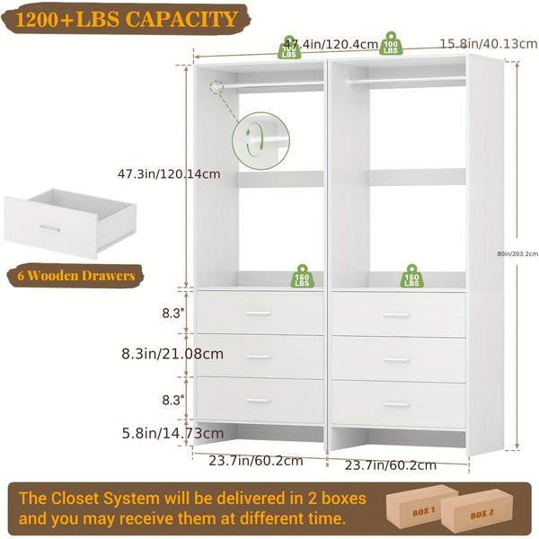 Aheaplus Closet System WithDrawers, Closet Organizer, Wood Closet Organizer System, Walk-in Closet Or Small Closets Wardrobe, Clothes Rack With Hanging Rods