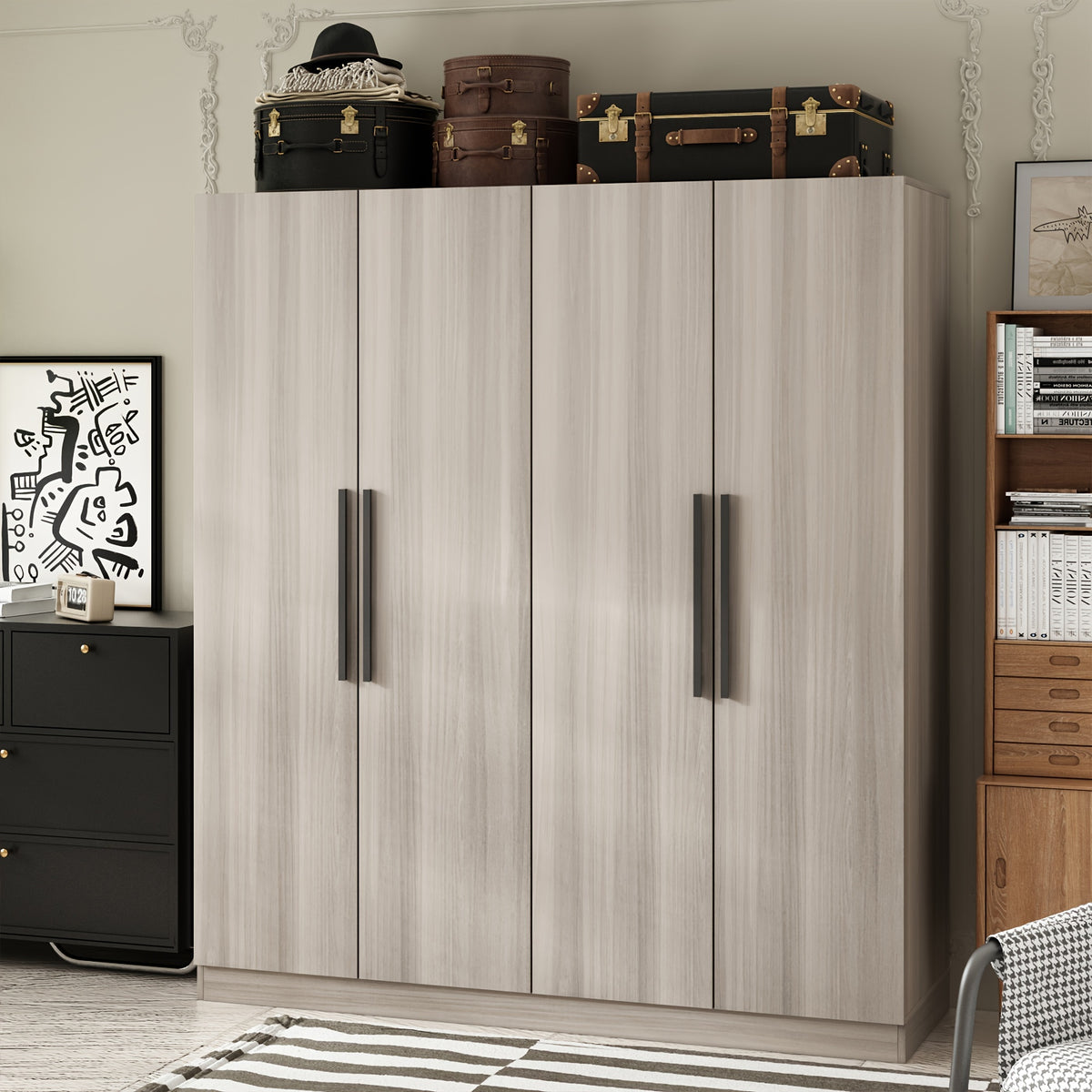 Spacious 4-Door White Wardrobe Armoire Closet - Freestanding Organizer with Storage Shelves & Hanging Rod, Durable MDF Wood, Water-Resistant, Easy Assembly, Modern Design for Bedroom Storage (63\
