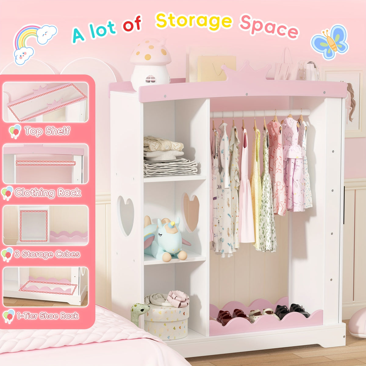 Pink Modern Kids Dress-Up Closet with Dual Mirrors, Jewelry Storage & Crown Top - Sturdy MDF Organizer with Hanging Rod, Shelves & Shoe Storage for Teen Girls Bedroom, 34.6\