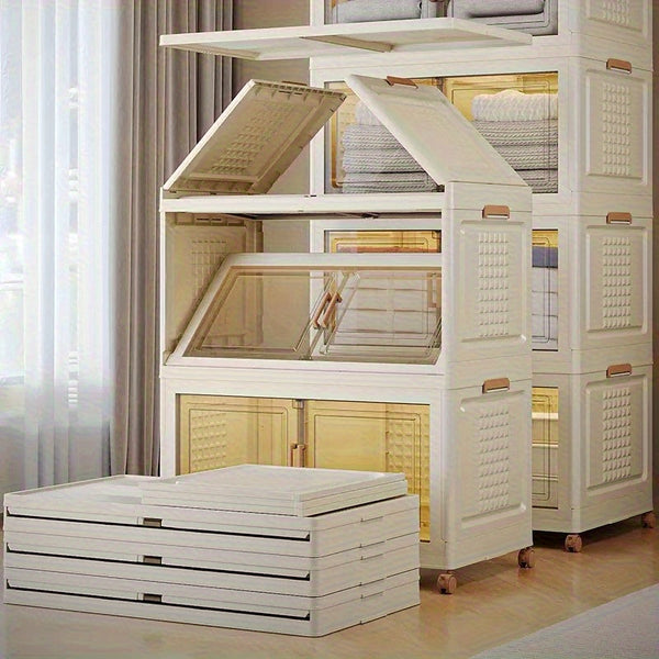 Single-Layer Foldable No-Assembly Storage Cabinet - Large Capacity Wheeled Organizer, Durable Plastic Under-Bed Wardrobe Space Saver for Clothes, Blankets, Toys, Retail Counters, Bedrooms, Dorms & Living Rooms, Plastic Storage Box With Door, Plastic Stora