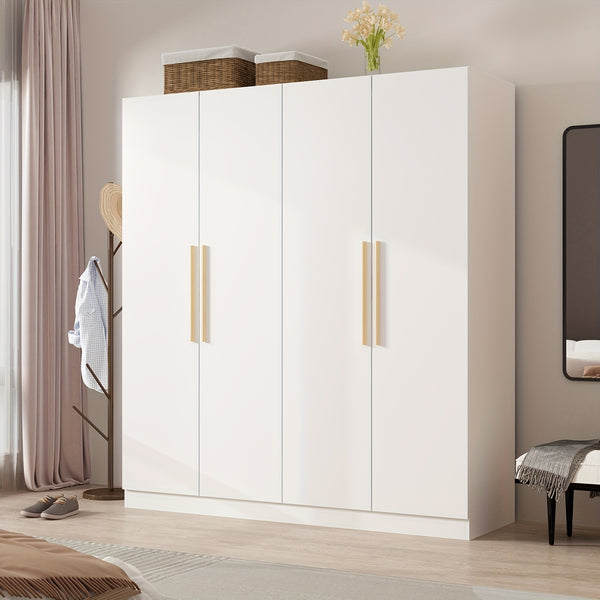 Spacious 4-Door White Wardrobe Armoire Closet - Freestanding Organizer with Storage Shelves & Hanging Rod, Durable MDF Wood, Water-Resistant, Easy Assembly, Modern Design for Bedroom Storage (63\