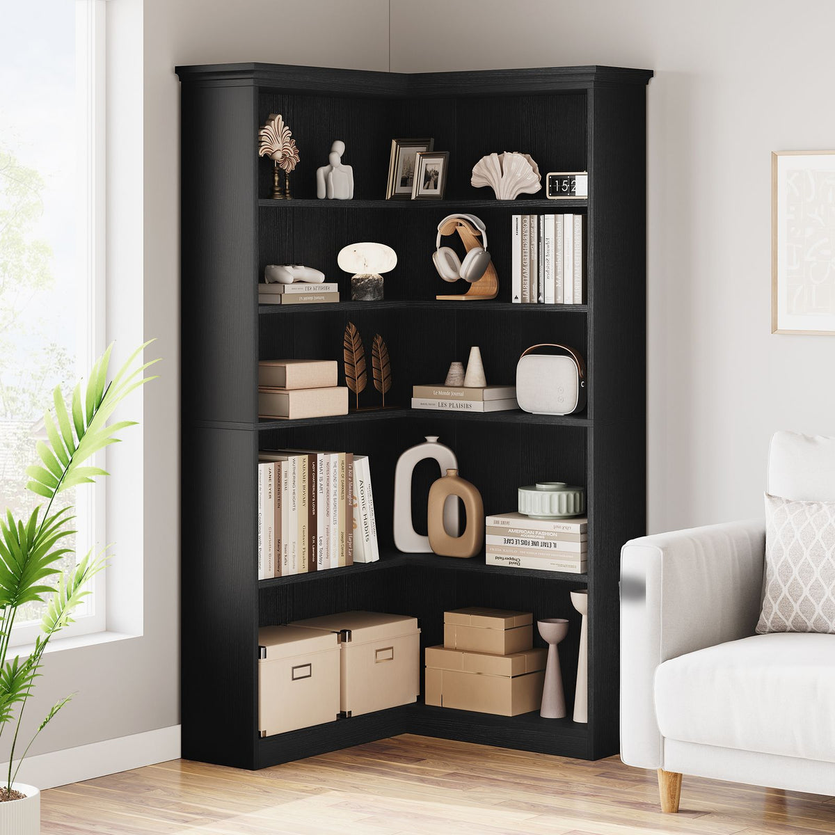 Heavy-Duty Corner Panel Bookcase - Black Modern L-Shaped Bookshelf with Curved Shelves, Space-Saving Freestanding Storage Shelf for Home Office, Living Room, Study - Easy Assembly, Sturdy Shelf Organizer (27\