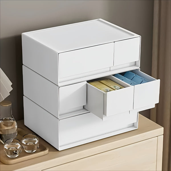 Modern White Multi-Tier Sliding Storage Cabinet with Smooth Sliding Drawers - Heavy-Duty Plastic Organizer with Black Legs & White Drawers for Home Office, Bedroom, Bathroom - Space-Saving Organizer with Top Shelf & Spacious Drawers - Durable Plastic Cons