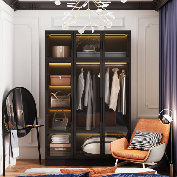 Modern Combo Armoire with All-Glass Doors & Solid Metal Frame, Diverse Storage Compartments, 74.8\