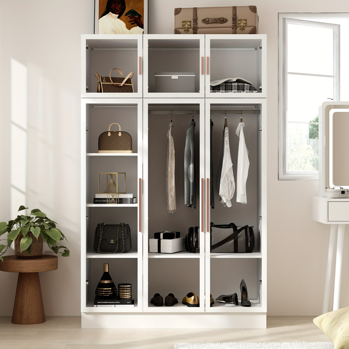 Modern Combo Armoire with All-Glass Doors & Solid Metal Frame, Diverse Storage Compartments, 74.8\