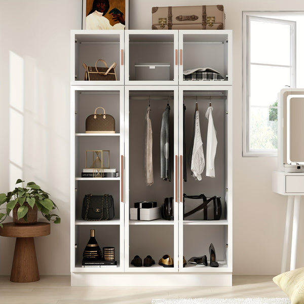 Modern Combo Armoire with All-Glass Doors & Solid Metal Frame, Diverse Storage Compartments, 74.8\