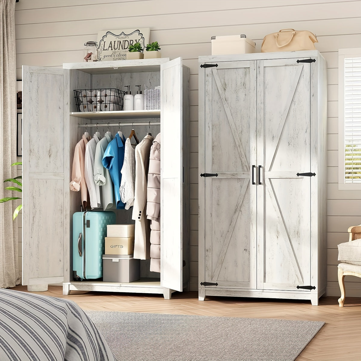 Farmhouse Wardrobe Armoire With 2 Sliding Barn Doors, 71'' Tall Storage Cabinet With Shelf & Hanging Rod, Versatile Cabinet Organizer