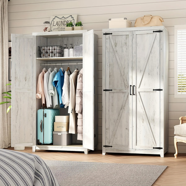 Farmhouse Wardrobe Armoire With 2 Sliding Barn Doors, 71'' Tall Storage Cabinet With Shelf & Hanging Rod, Versatile Cabinet Organizer