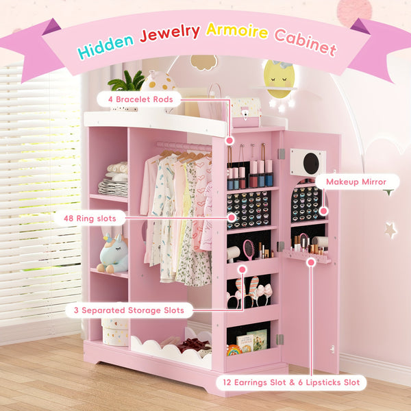 Pink Modern Kids Dress-Up Closet with Dual Mirrors, Jewelry Storage & Crown Top - Sturdy MDF Organizer with Hanging Rod, Shelves & Shoe Storage for Teen Girls Bedroom, 34.6\