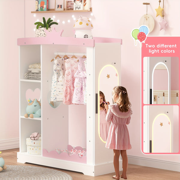 Pink Modern Kids Dress-Up Closet with Dual Mirrors, Jewelry Storage & Crown Top - Sturdy MDF Organizer with Hanging Rod, Shelves & Shoe Storage for Teen Girls Bedroom, 34.6\