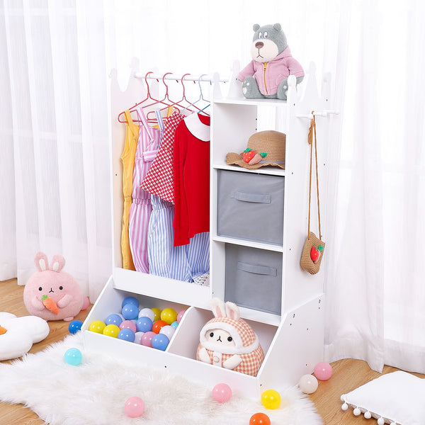 ' White Dress Up Storage Cabinet with Lighted Mirror & Clothing Rack - Pink & Golden-Toned Wardrobe Organizer, Play Armoire with Shelves\u002FBins, Birthday\u002FChristmas Gift Room Decor (Easy Assembly)