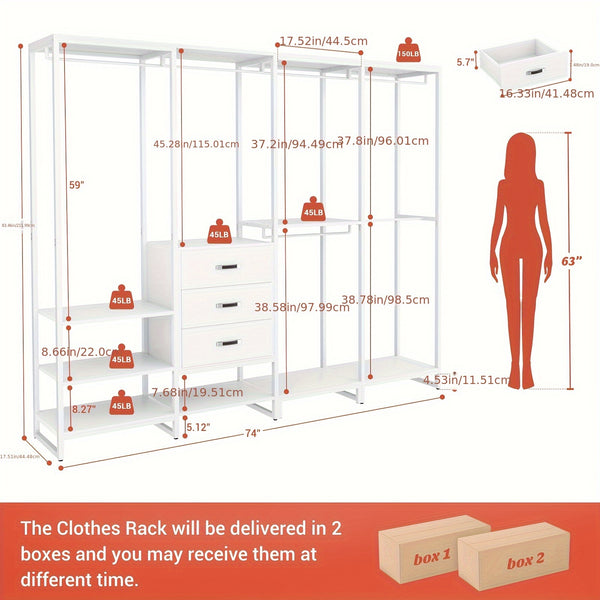 Wooden Closet Organizer Heavy Duty Wooden Closet Rack, Convertible L-Shaped Closet Storage with 3 Wooden Drawers