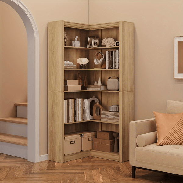 Cabihome 71. 8-inch Corner Panel Bookcase Bookshelf, 5-layer Freestanding Display Rack with Open Storage Space, Easy to Assemble, Suitable for Living Room, Bedroom, Office (Original Wood\u002F Black\u002F Vintage Color)
