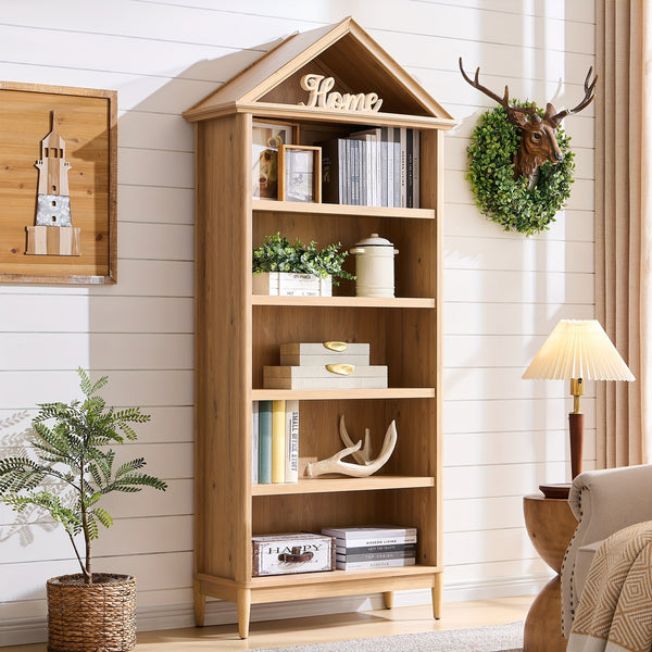 Modern Geometric Bookshelf Modern Geometric 75.9-Inch Tall Slanted Arch Bookshelf | Adjustable Shelves, Triangular Top Wooden Bookcase with Open Display Shelf - Suitable for Living Room