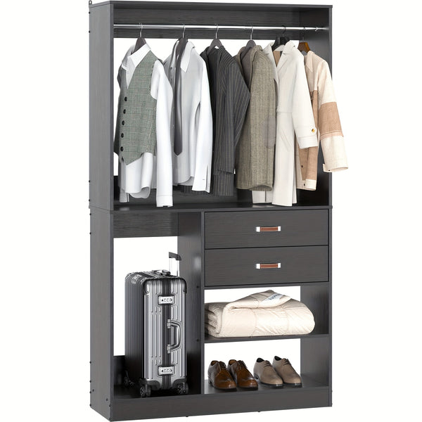 iSunirm Freestanding Closet System With Suitcase Storage, 40 Inches Stand-alone Wardrobe With 2 Wood Drawers, 80'' Height Adjustable Cloth Garment Rack, Walk-in Closet With Hanging Rod