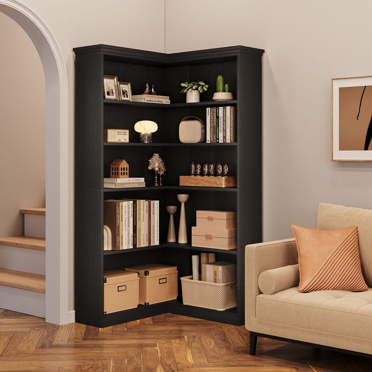Heavy-Duty Corner Panel Bookcase - Black Modern L-Shaped Bookshelf with Curved Shelves, Space-Saving Freestanding Storage Shelf for Home Office, Living Room, Study - Easy Assembly, Sturdy Shelf Organizer (27\