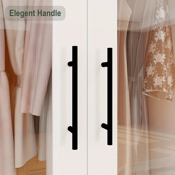 Modern White Wooden Wardrobe with 2 Drawers & Hanging Rods – Freestanding Bedroom Armoire Closet for Storage and Organization, Includes Transparent Doors and Side Pockets, Portable Closet