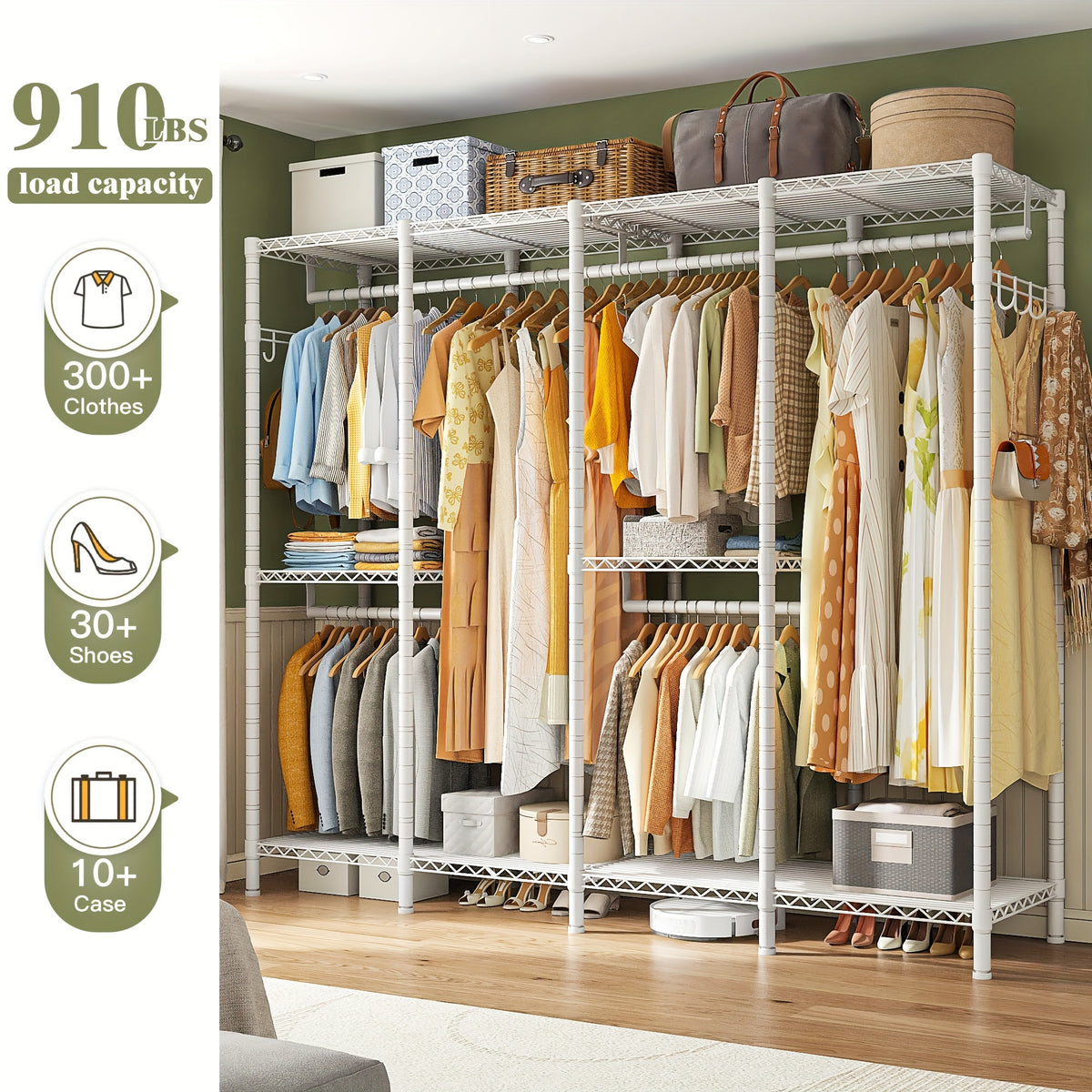 Closet Organizers And Storage, Walk-in Closet Wardrobe With 3 Hanging Rods, Garment Rack, Clothing Rack Heavy Duty Clothing Racks For Hanging Clothes 910LBS, Metal Garment Rack Heavy Duty Freestanding Wardrobe, 75\