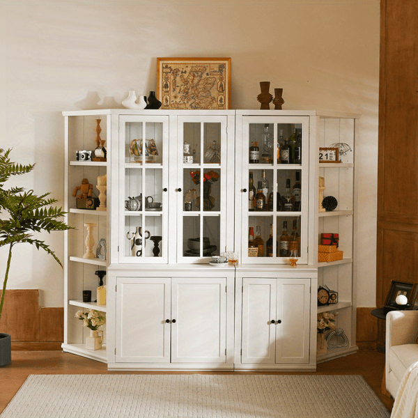 75.25'' Tall Display Cabinets and Two Triangle Sided Bookshelves 92.9'' Wide Retro Style Wall Suit with Glass Doors for Hallways Living room Office Studio or Workspace White