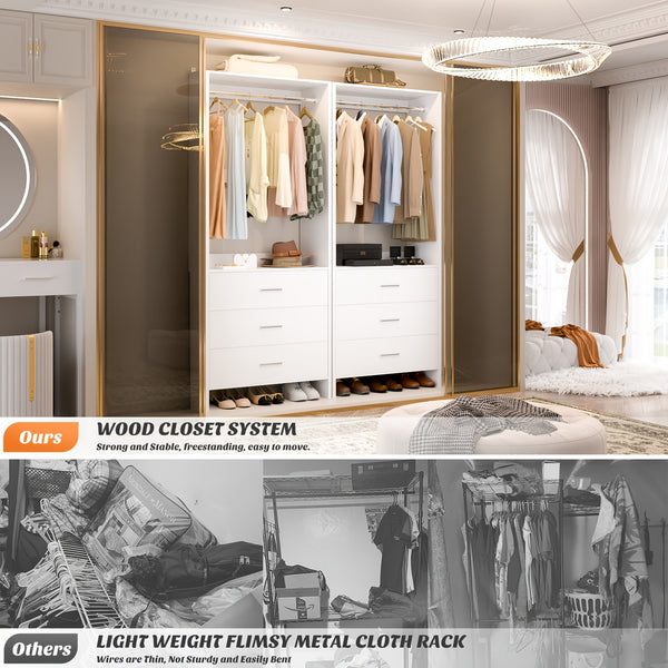 Aheaplus Closet System WithDrawers, Closet Organizer, Wood Closet Organizer System, Walk-in Closet Or Small Closets Wardrobe, Clothes Rack With Hanging Rods