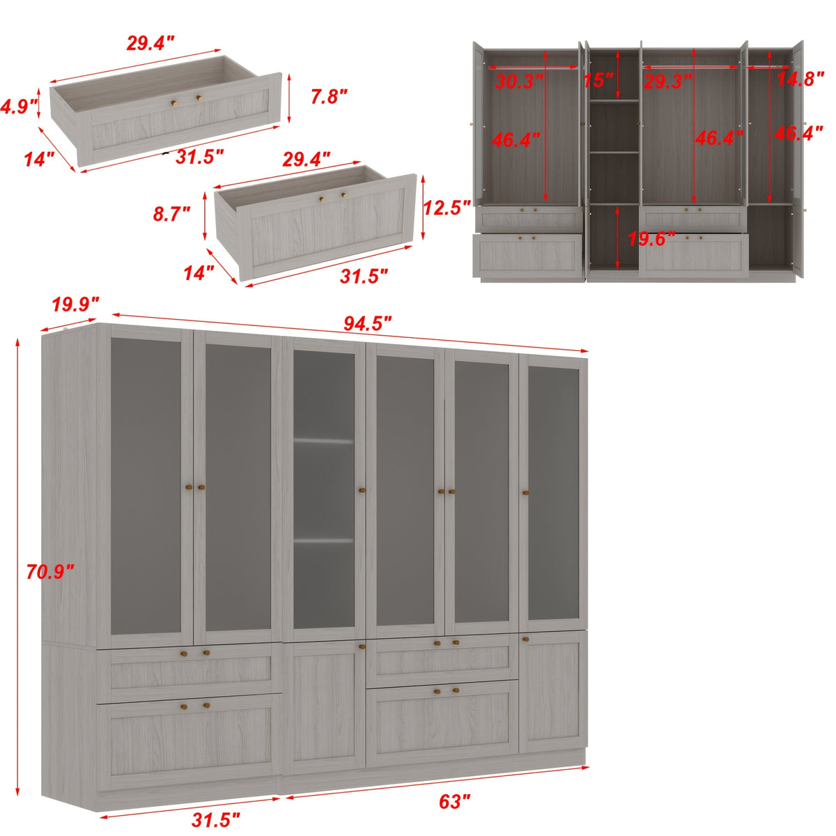 Elegant Armoire Wardrobe Closet With 6 Frosted Glass Doors & 4 Drawers, Wardrobe Closet With Hanging Rods & Shelves, Clothes Storage Cabinet Organizer For Bedroom, Stylish And Modern Design, Warm Grey