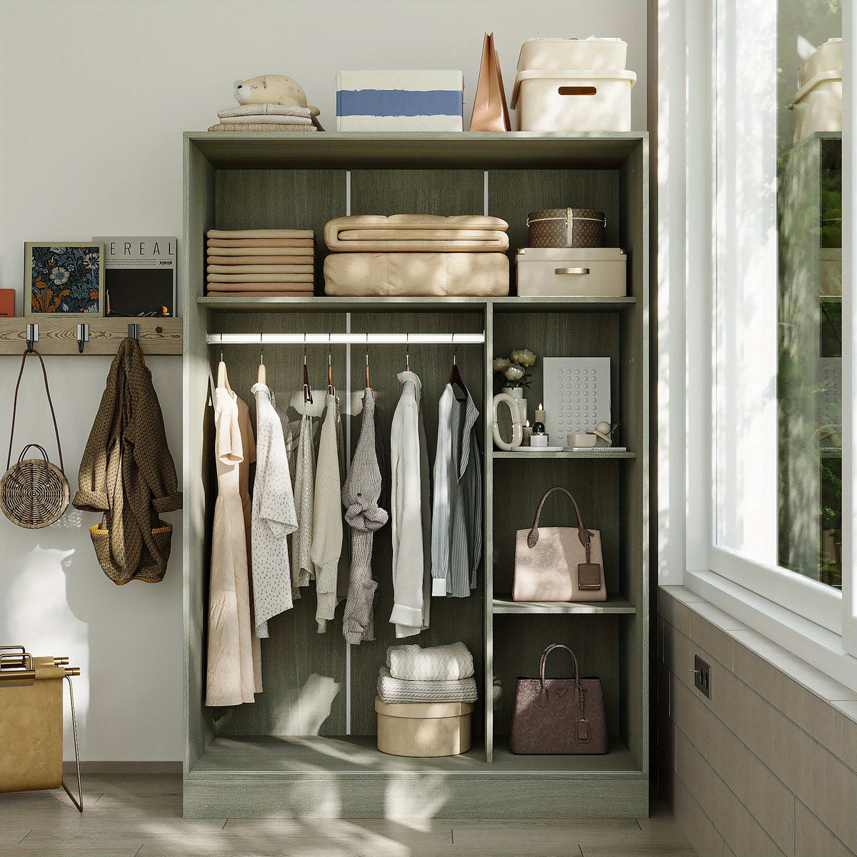 69.7'' Tall Large Wardrobe Armoire Closet With Storage Shelves & Hanging Rod, Wardrobe Closet With White Sliding Door Panel & Golden Metal Strip, Modern Wardrobe Cabinet For Bedroom, Clothes Organizer And Storage, With Anti Dumping Device