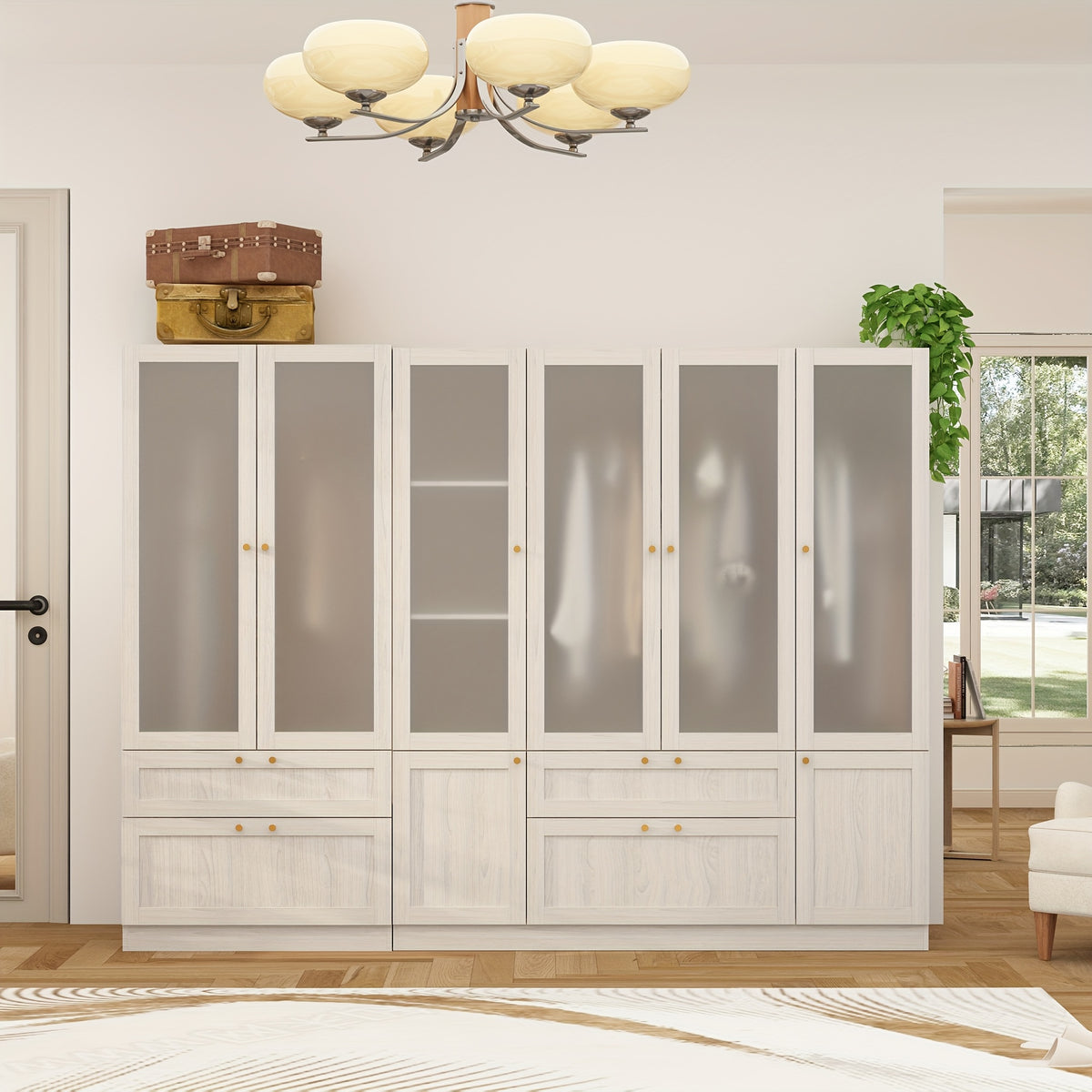 Elegant Armoire Wardrobe Closet With 6 Frosted Glass Doors & 4 Drawers, Wardrobe Closet With Hanging Rods & Shelves, Clothes Storage Cabinet Organizer For Bedroom, Stylish And Modern Design, Warm Grey