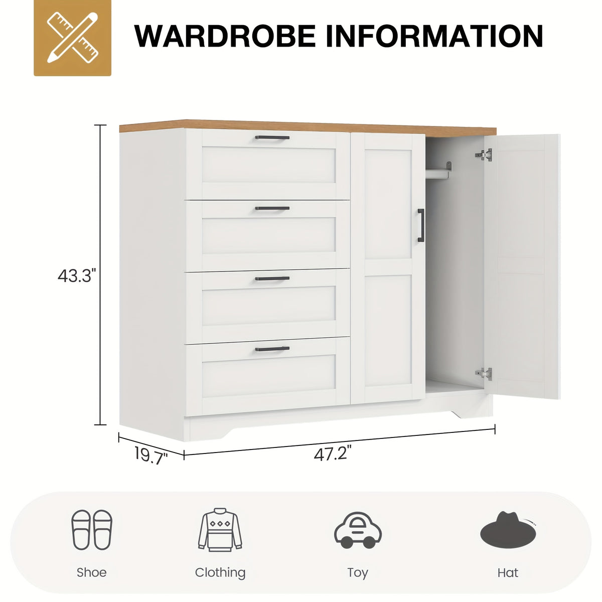 43.3'' H Armoire Wardrobe Closet with 4 Drawers And 2 Doors