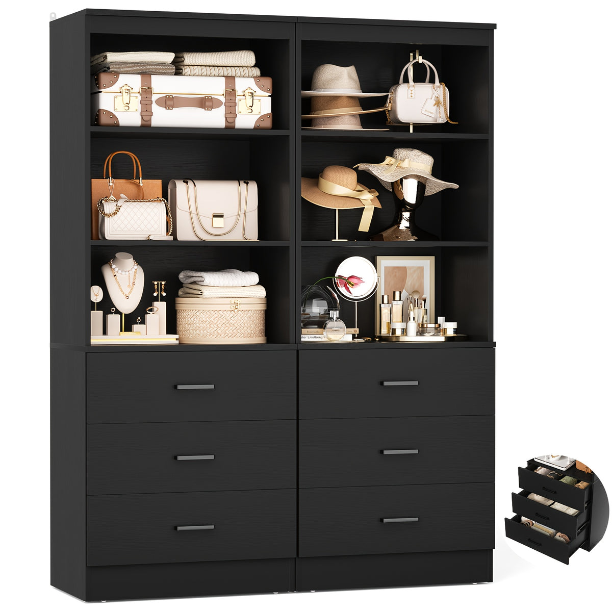 Wardrobe 2pcs Set, Wardrobe Organizer with 3 Drawers, Wooden Storage Tower, Walk-In Closet Or Small Closet, Hanger with Shelves, Modular Wardrobe Organizer, Drawer Wardrobe Organizer And Storage