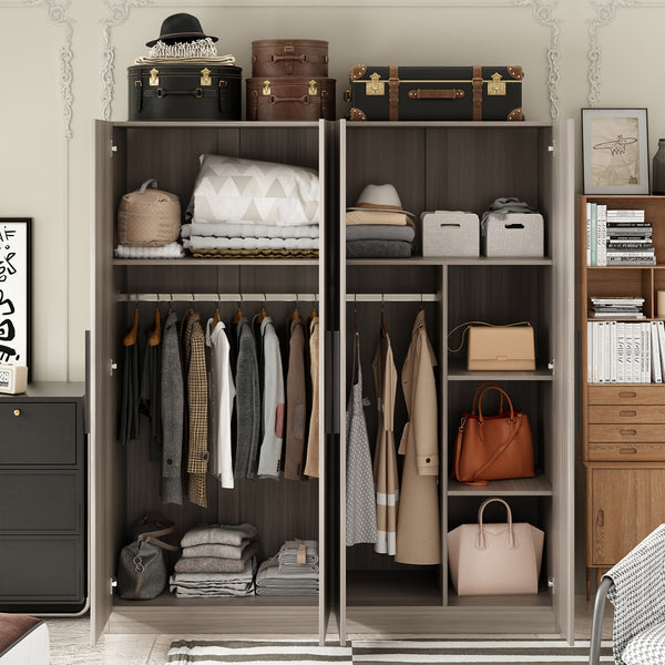 Spacious 4-Door White Wardrobe Armoire Closet - Freestanding Organizer with Storage Shelves & Hanging Rod, Durable MDF Wood, Water-Resistant, Easy Assembly, Modern Design for Bedroom Storage (63\