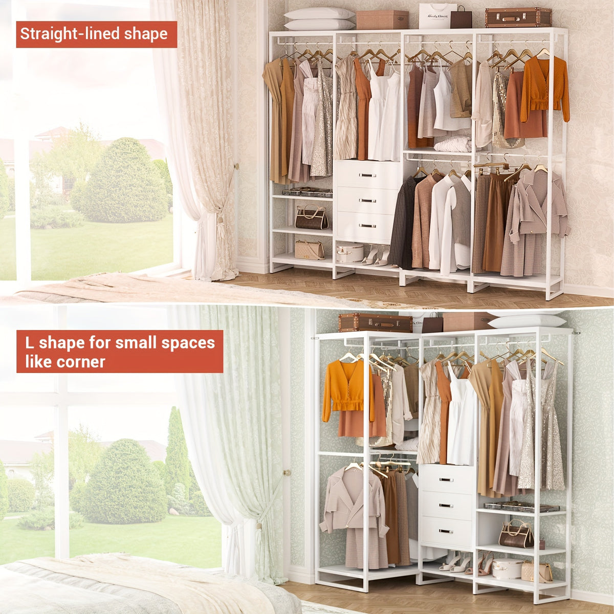 Wooden Closet Organizer Heavy Duty Wooden Closet Rack, Convertible L-Shaped Closet Storage with 3 Wooden Drawers
