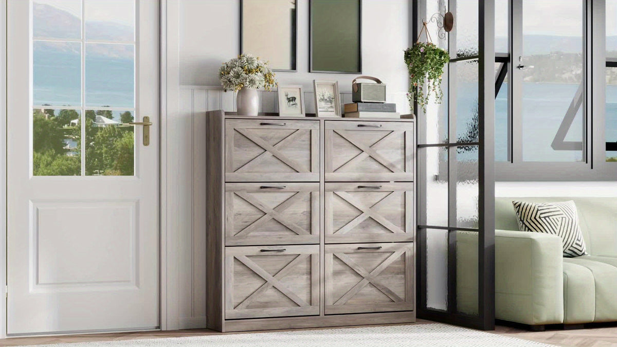 Washed Gray Shoe Storage Cabinet With 6 Flip Drawers - Narrow Freestanding Shoe Cabinet And Shoe Storage Organizer With Metal Handles For Entryway, Large Shoe Rack Organizer, Modern Farmhouse Shoe Rack, Ideal For Shoe Racks