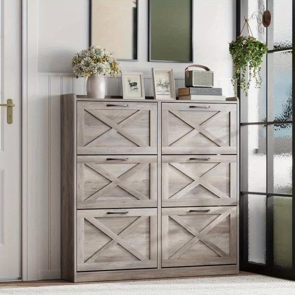 Washed Gray Shoe Storage Cabinet With 6 Flip Drawers - Narrow Freestanding Shoe Cabinet And Shoe Storage Organizer With Metal Handles For Entryway, Large Shoe Rack Organizer, Modern Farmhouse Shoe Rack, Ideal For Shoe Racks