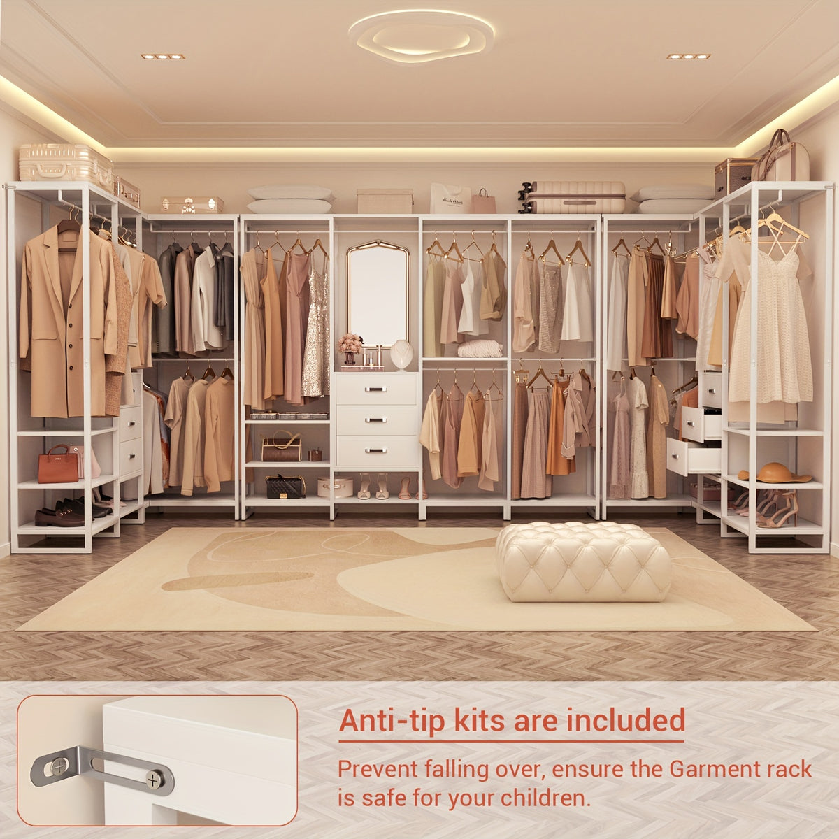 Wooden Closet Organizer Heavy Duty Wooden Closet Rack, Convertible L-Shaped Closet Storage with 3 Wooden Drawers