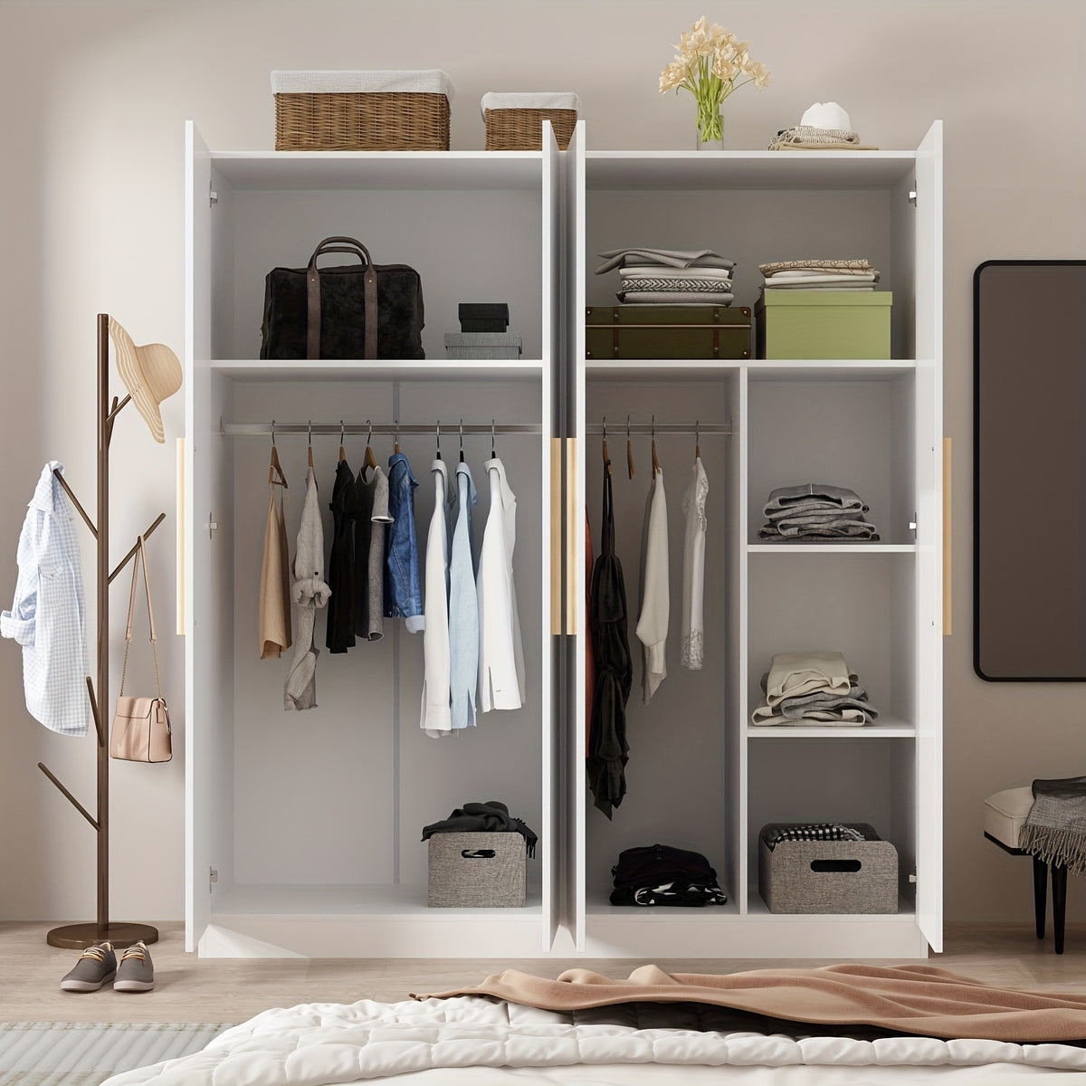 Spacious 4-Door White Wardrobe Armoire Closet - Freestanding Organizer with Storage Shelves & Hanging Rod, Durable MDF Wood, Water-Resistant, Easy Assembly, Modern Design for Bedroom Storage (63\