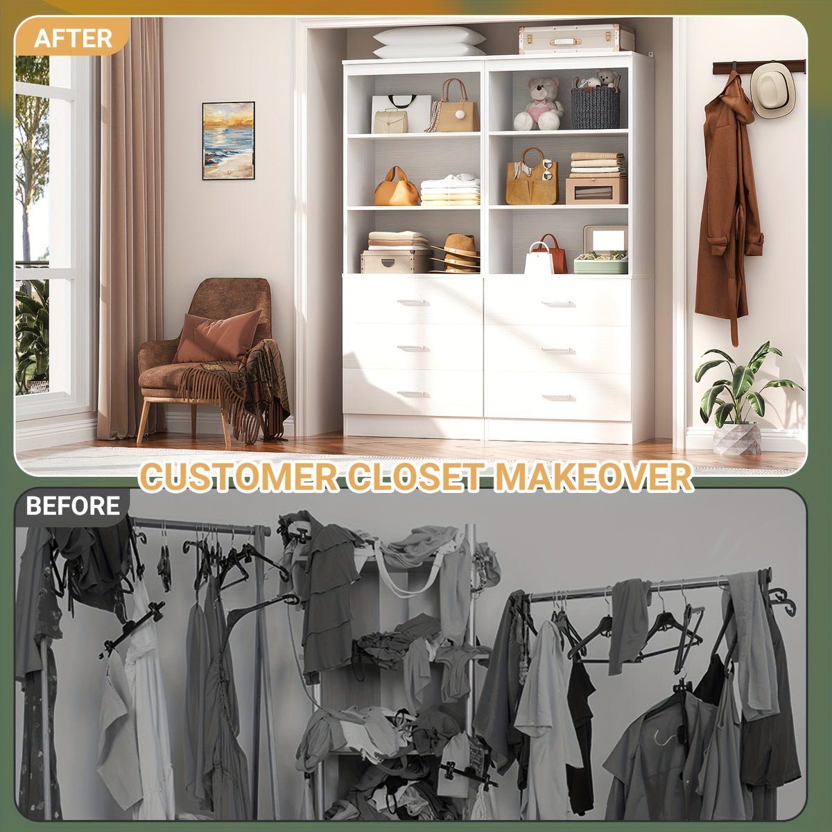 Wardrobe 2pcs Set, Wardrobe Organizer with 3 Drawers, Wooden Storage Tower, Walk-In Closet Or Small Closet, Hanger with Shelves, Modular Wardrobe Organizer, Drawer Wardrobe Organizer And Storage