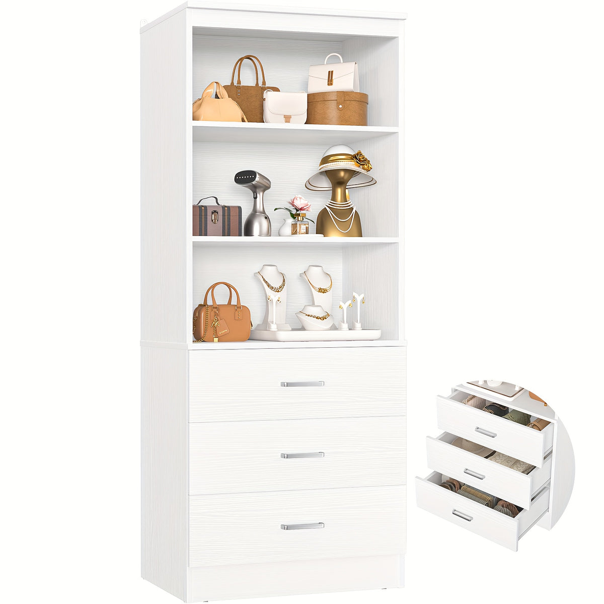 Wardrobe 2pcs Set, Wardrobe Organizer with 3 Drawers, Wooden Storage Tower, Walk-In Closet Or Small Closet, Hanger with Shelves, Modular Wardrobe Organizer, Drawer Wardrobe Organizer And Storage
