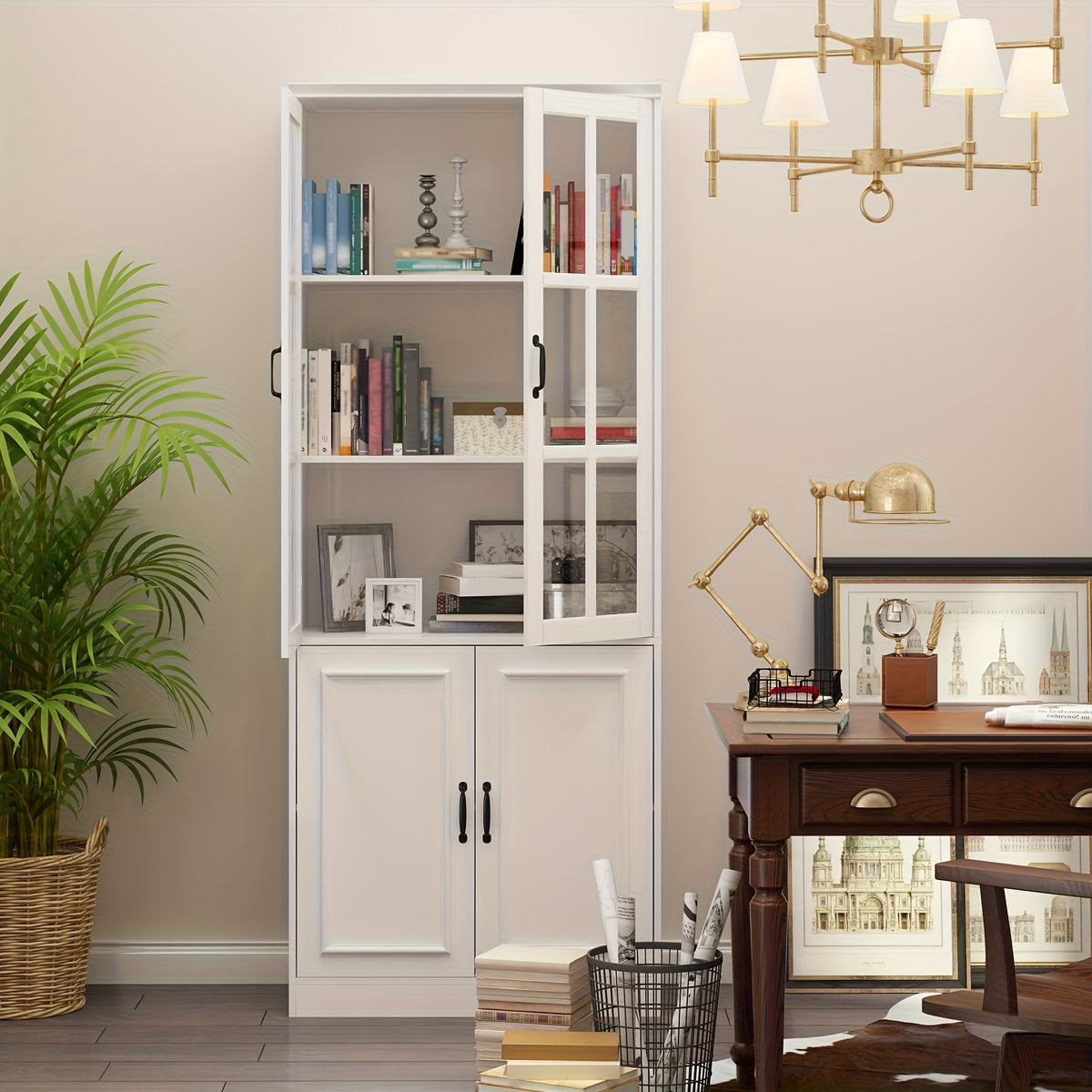 Elegant Bookcase Bookshelf Storage Cabinet with Glass Doors, Large Display Cabinet with Multi Layer Storage Shelves for Living Room And Office, Large Storage Space, White