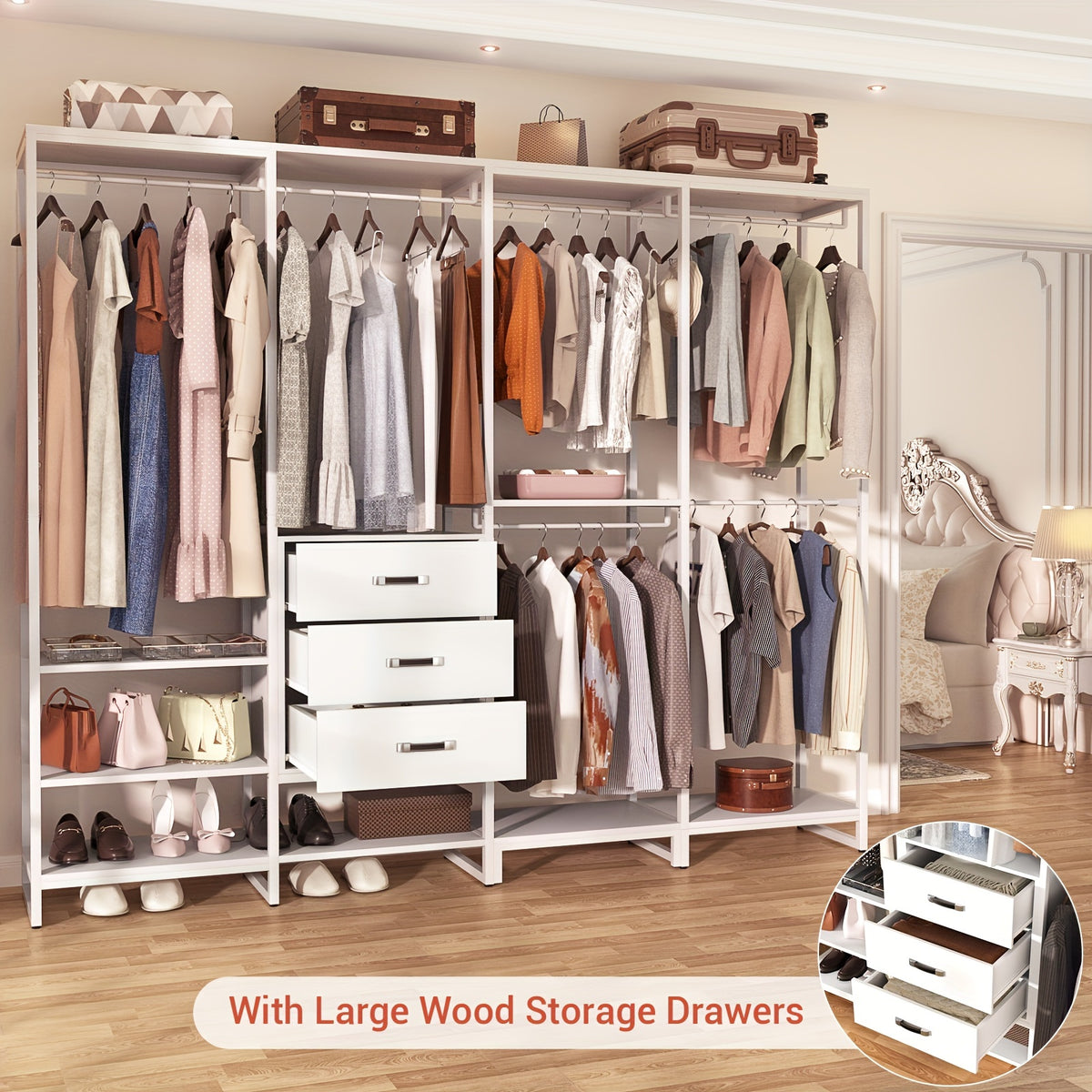 Wooden Closet Organizer Heavy Duty Wooden Closet Rack, Convertible L-Shaped Closet Storage with 3 Wooden Drawers
